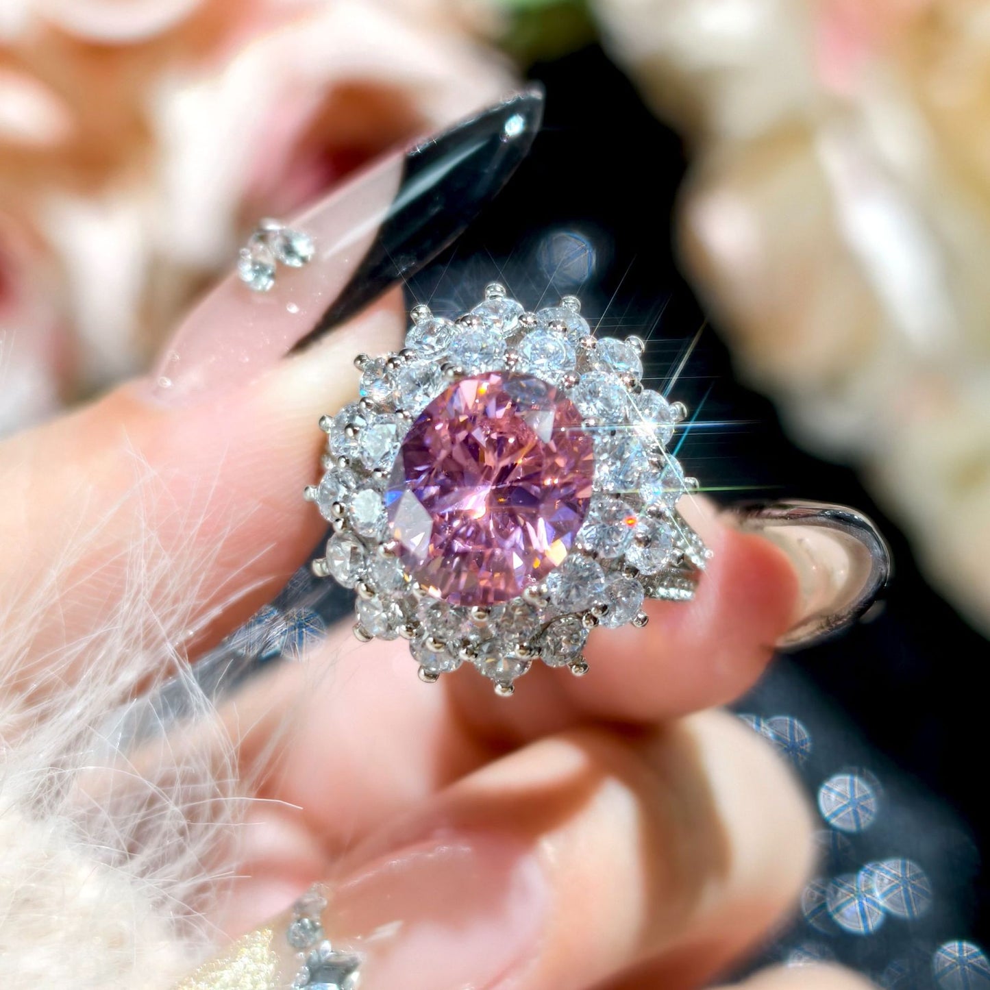 Women's Bright Princess Pink Flash High-grade Full Diamond Open-end Ring