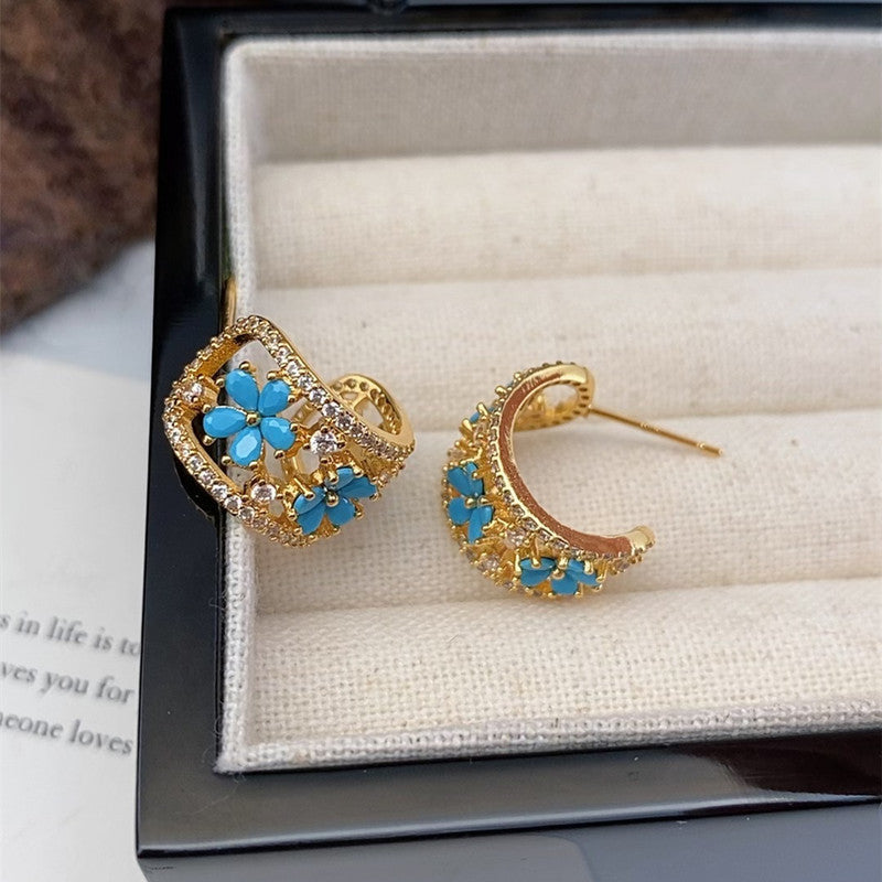 Women's French Retro Turquoise Full Diamond Bag Ear Clip Light Luxury Earrings