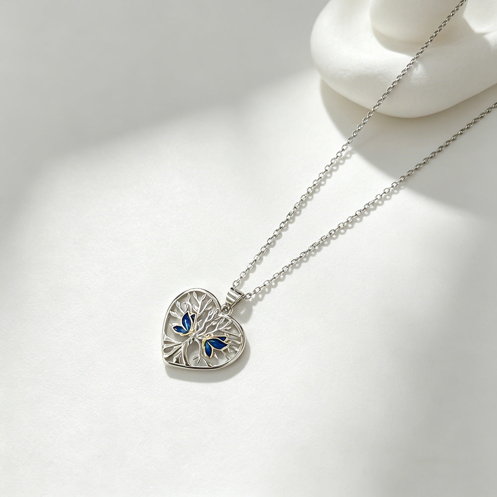 Sier Heart-shaped Lucky Tree Butterfly Female Summer Niche Necklaces