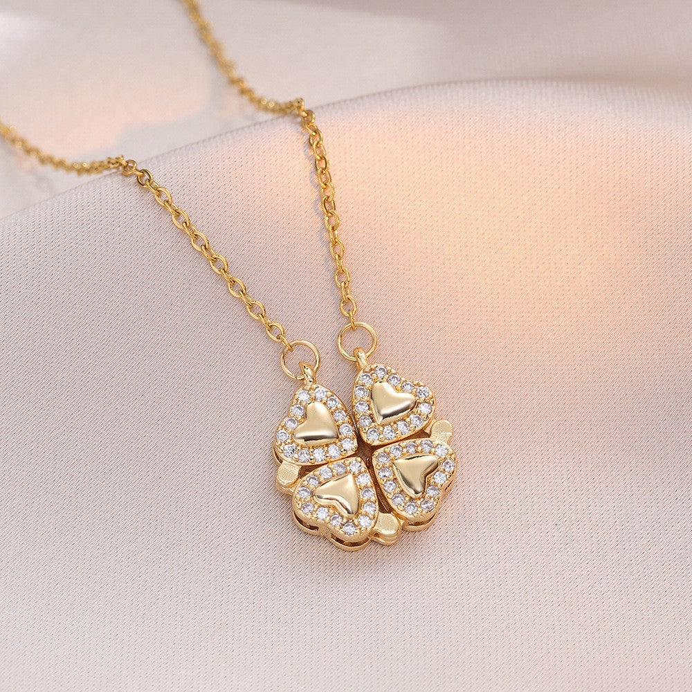 Women's Steel Cross Chain Open Close Four-leaf Flower Necklace