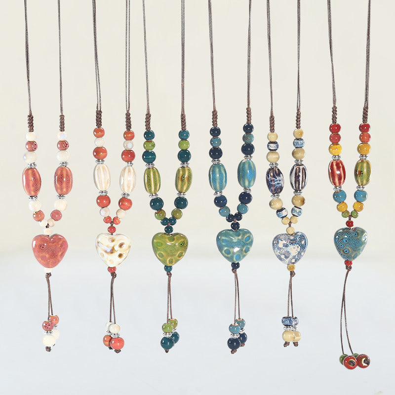 Women's Ethnic Style Love Sweater Chain Long Hand-woven Adjustable Peach Heart Necklace