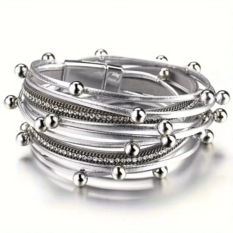 Women's Leather Fashion Diamond Leopard Print Magnetic Bracelets