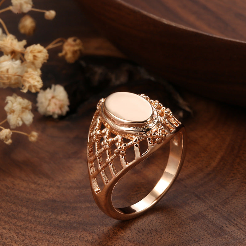 Trendy Copper Plated Real Gold Glossy Oval Fishnet Rose Ring