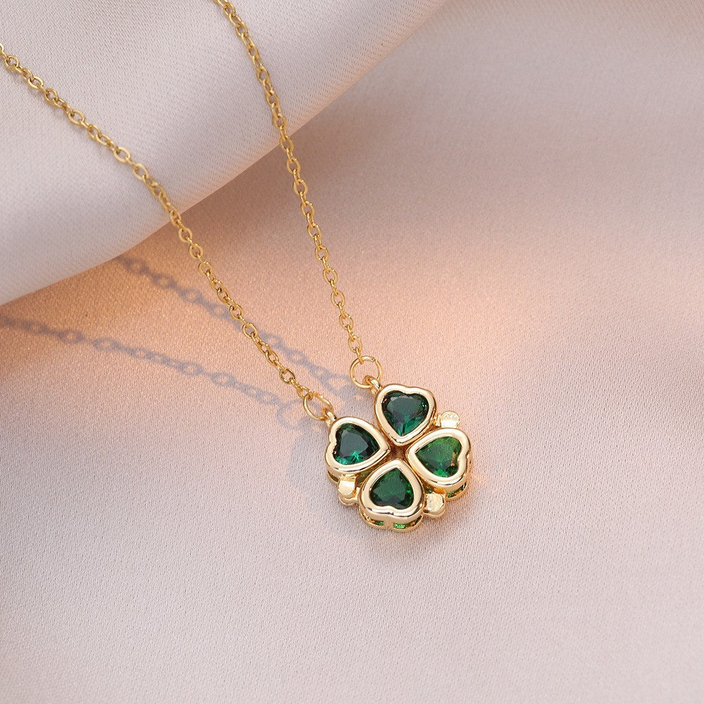 Women's Steel Cross Chain Open Close Four-leaf Flower Necklace