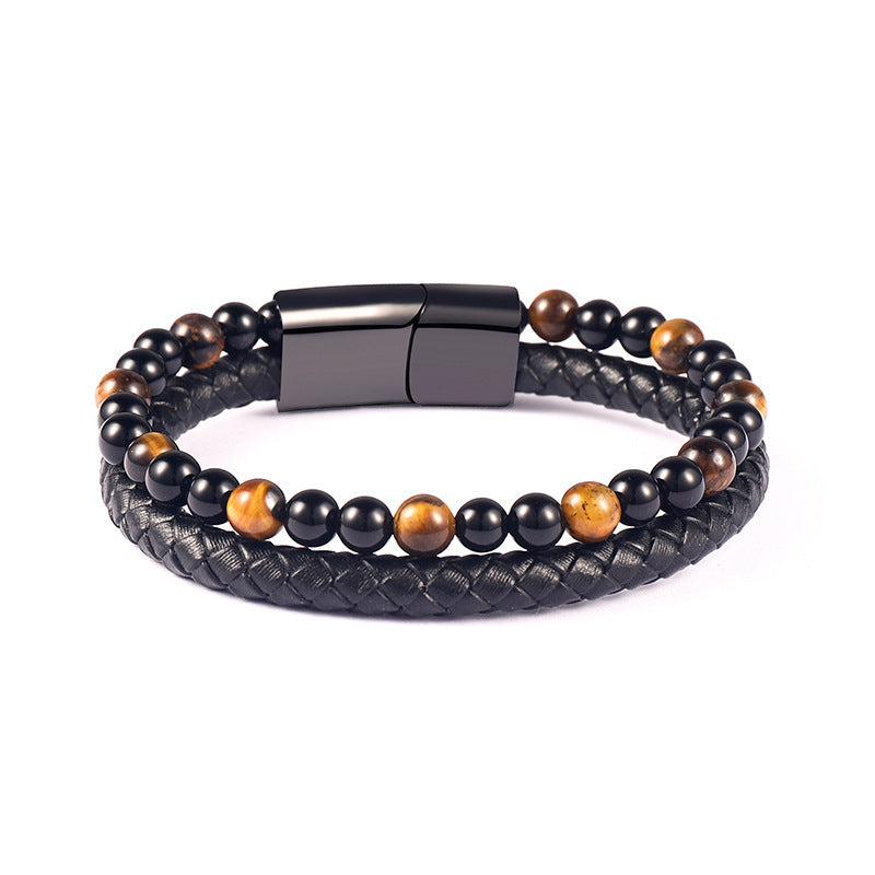 Men's Tiger Eye Beaded Genuine Leather Alloy Cowhide Bracelet