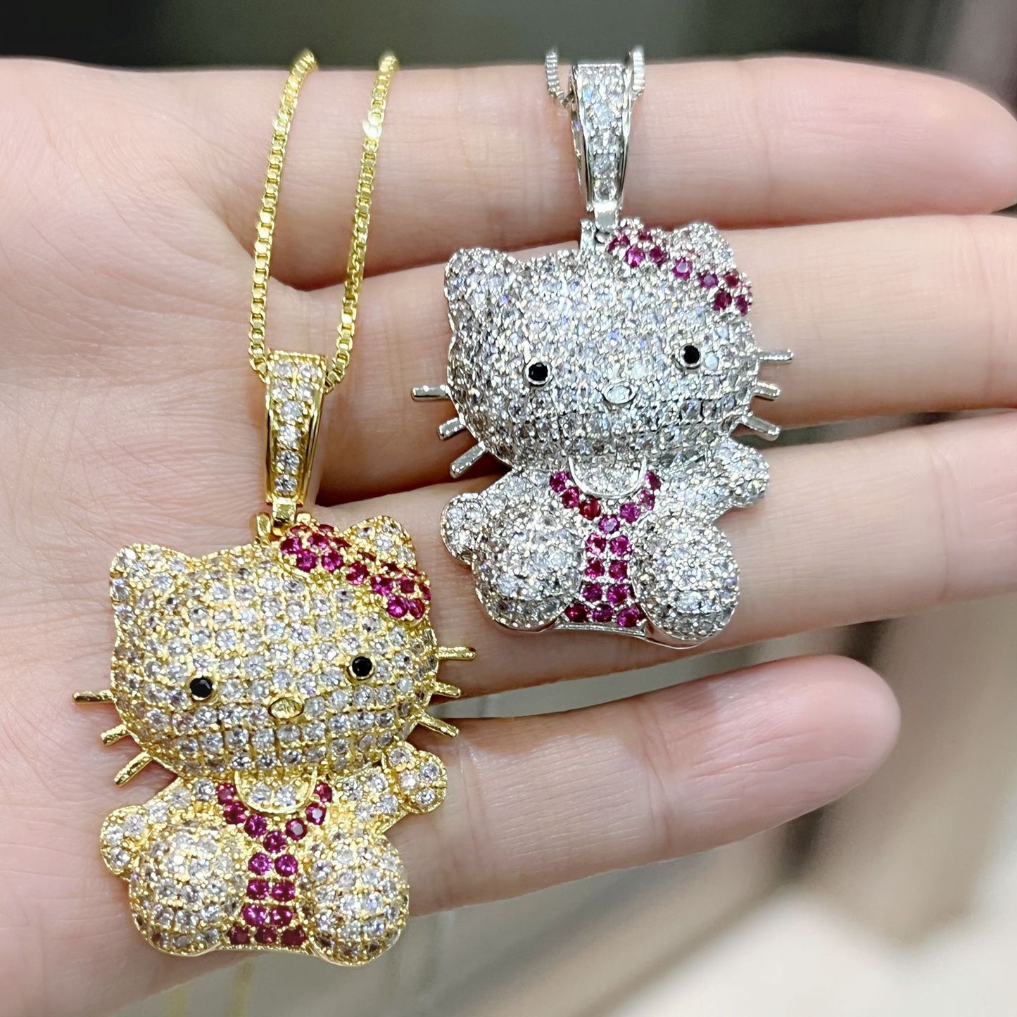 Hop Style Cute Sweet Full Diamond Cat Luxury Pendants