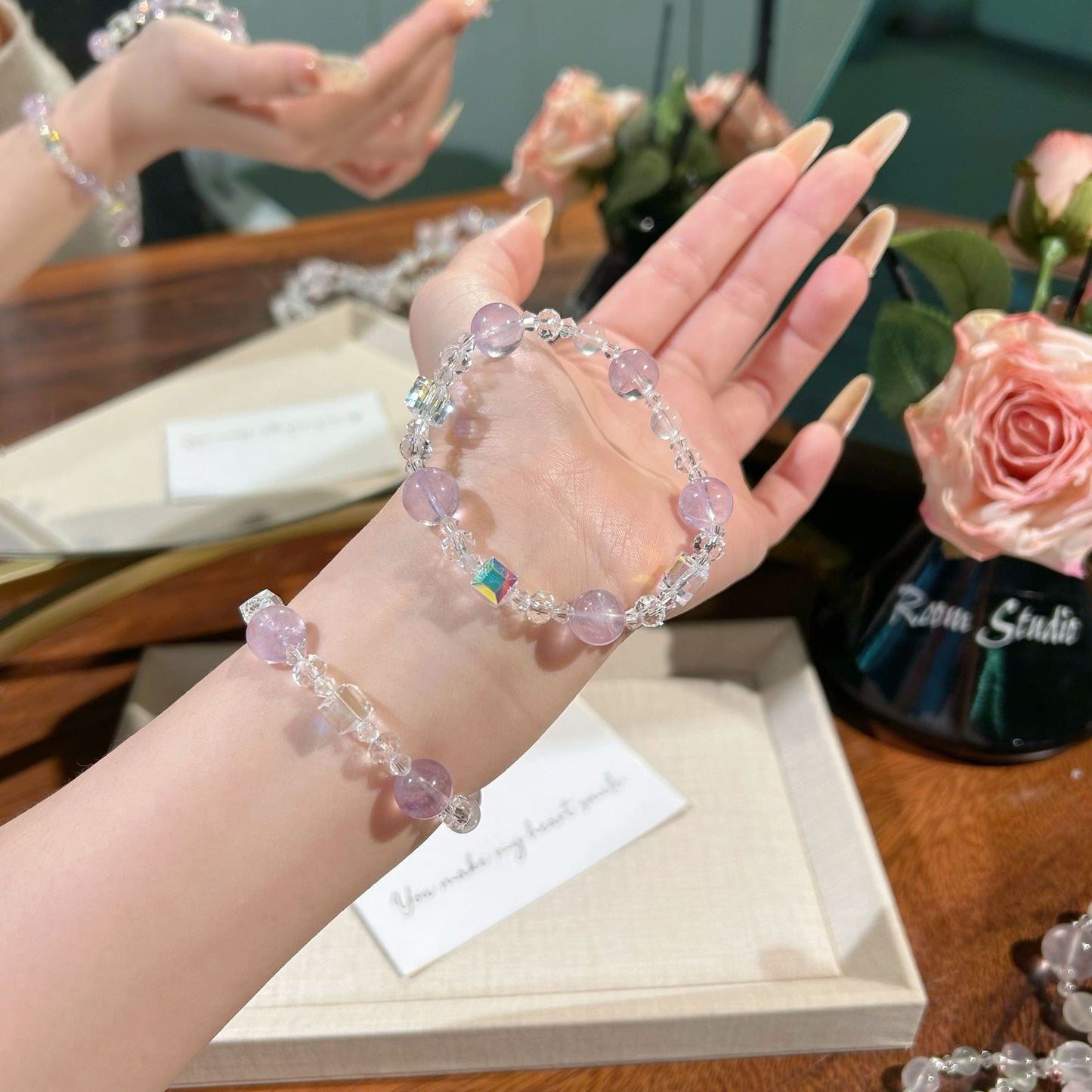 Natural Moonstone Pink Crystal Diamond In The Debris Atmosphere Summer Bracelets