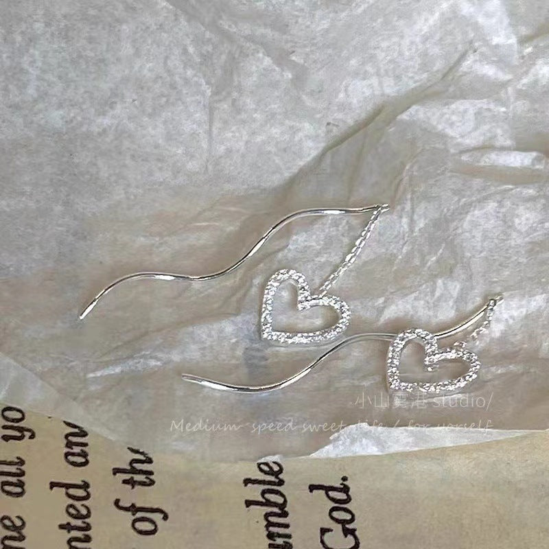 Sterling Sier Sparkling Hollow Frosted Heart Wavy Threads Stylish Graceful Ear Line