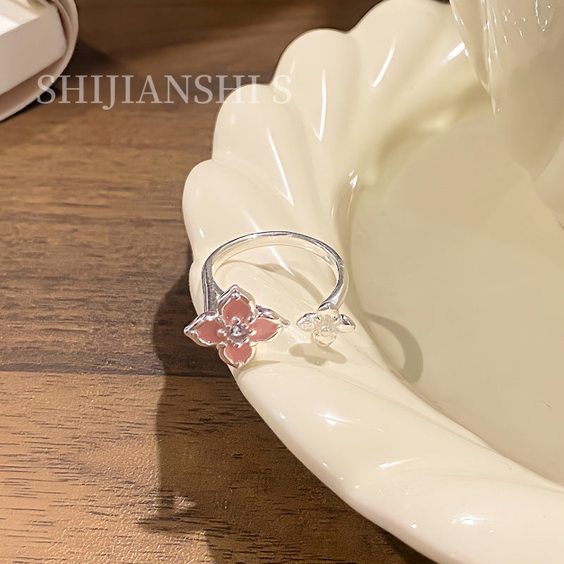 Women's Spring Sweet Pink Cherry Double Flower Niche Knot Design Sense Ring