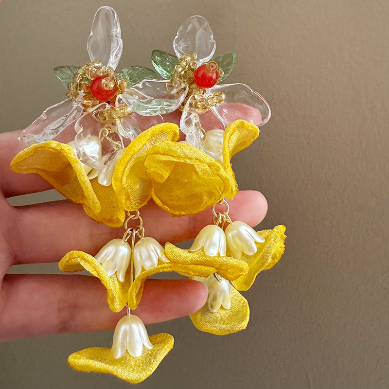 Women's High-grade Beaded Weave Flower Tassel Chiffon Petal Atmosphere Gentle Spirit Earrings