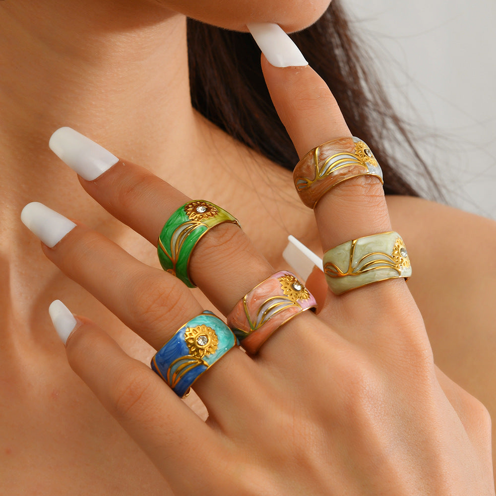 Oil Dripping Diamond Sunflower Open Personality Rings