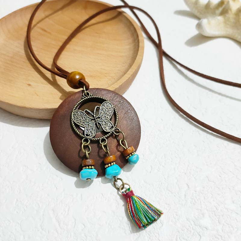 Women's Ethnic Style Wooden Tassel Long Sweater Chain Necklace