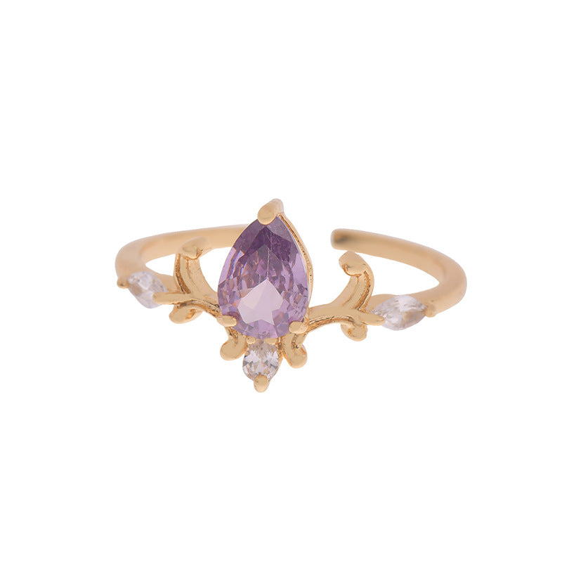 Flower Branch Design Water Drop Zircon Olive Green Purple Rings