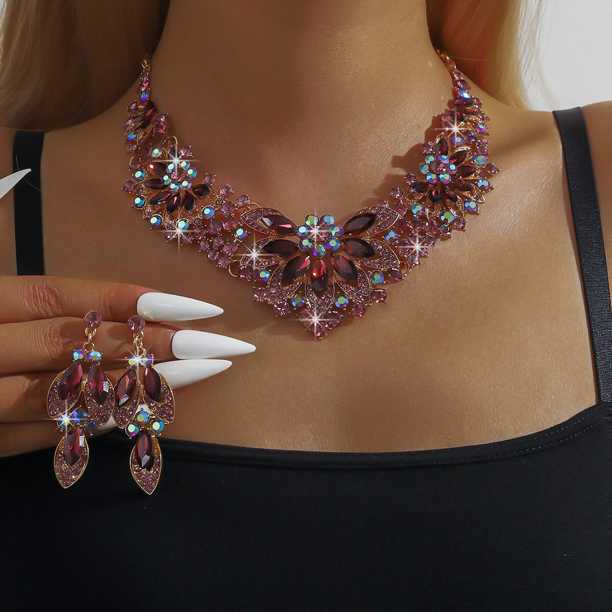 Dress Full Diamond Flower Crystal Elegant Jewelry Set