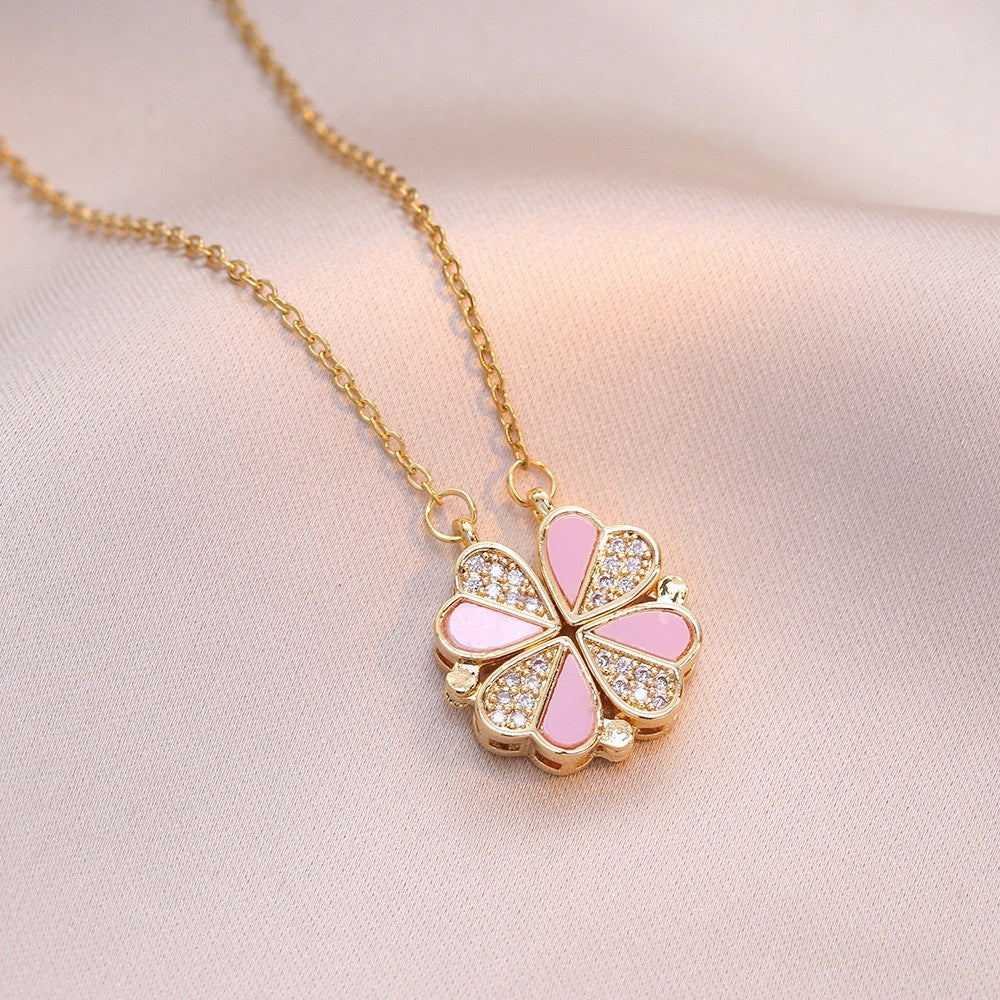 Women's Steel Cross Chain Open Close Four-leaf Flower Necklace