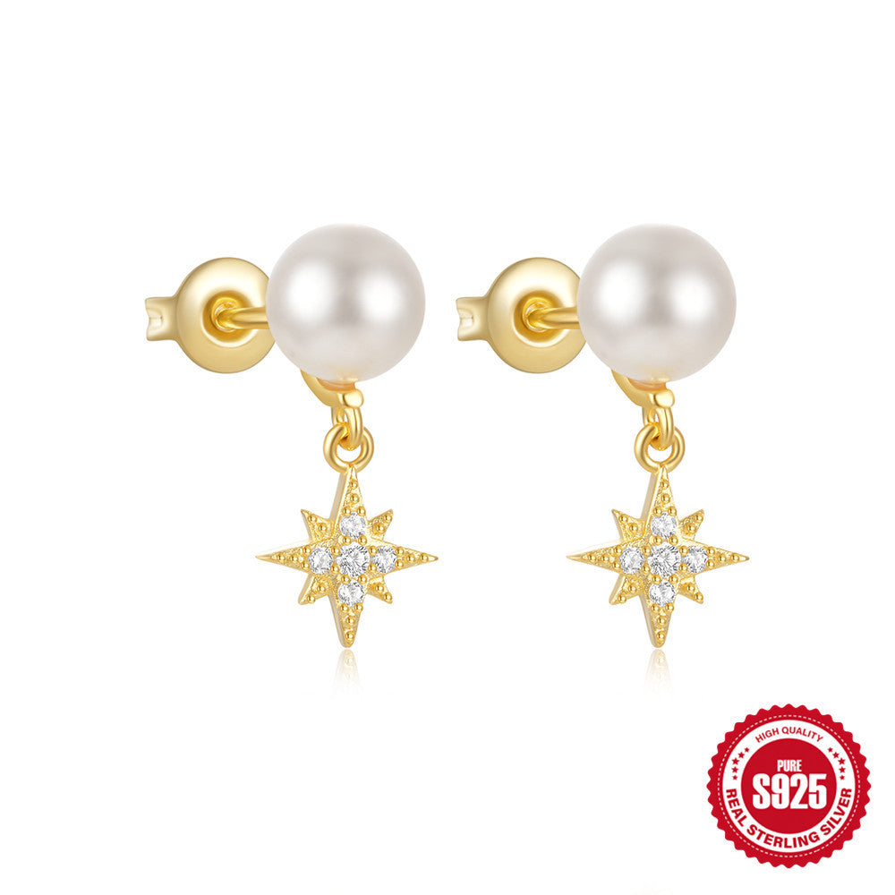 Women's Sier Star Moon Pearl Moonstone Jeweled Earrings