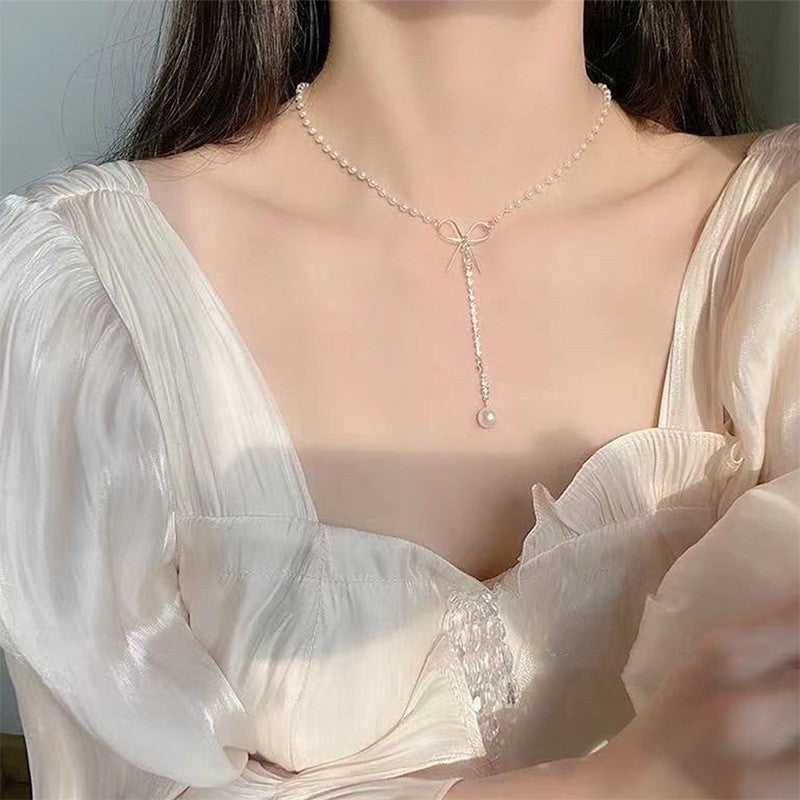Pearl Sweet Bow Clavicle Chain Y-shaped Artificial High Necklaces