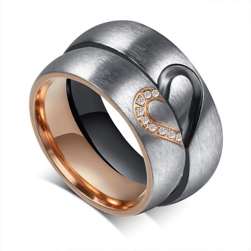 Titanium Steel Ornament Couple Heart-shaped Zircon Rings