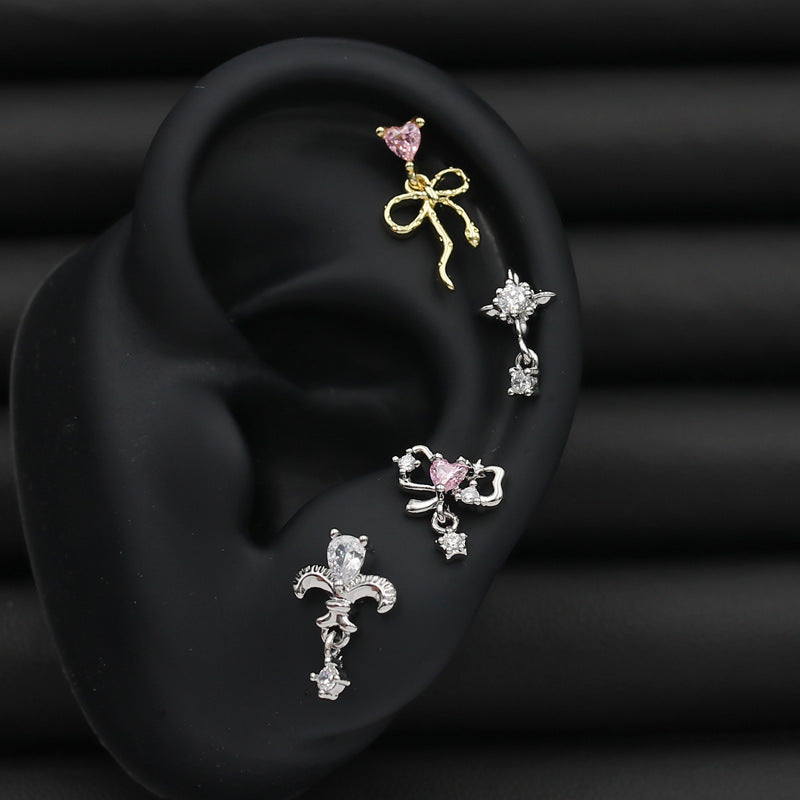 Inlaid Zircon Flower Star Stainless Steel Screw Fine Rod Cartilage Earrings