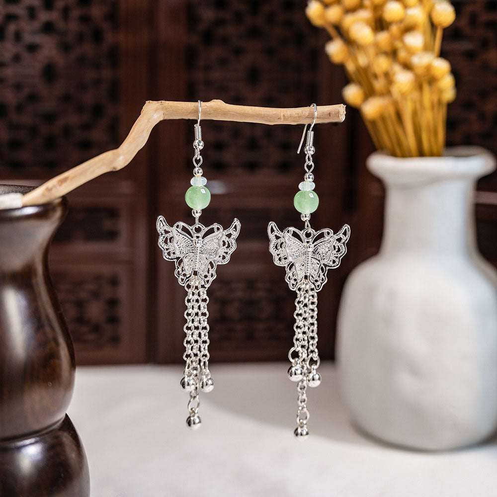 Chinese Ancient Style Beaded Long Fringe Han Earrings