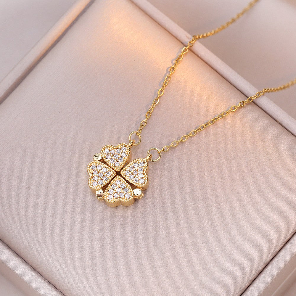 Women's Steel Cross Chain Open Close Four-leaf Flower Necklace