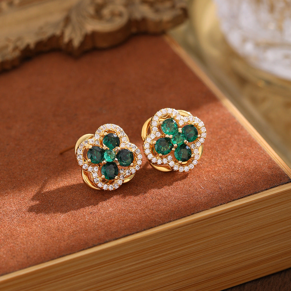 Women's Small Exquisite Green Rotating Zircon Four-leaf Earrings