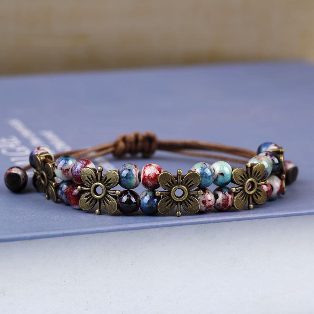 Bohemian Style Ceramic Beads Vintage Four-leaf Clover Copper Bracelets