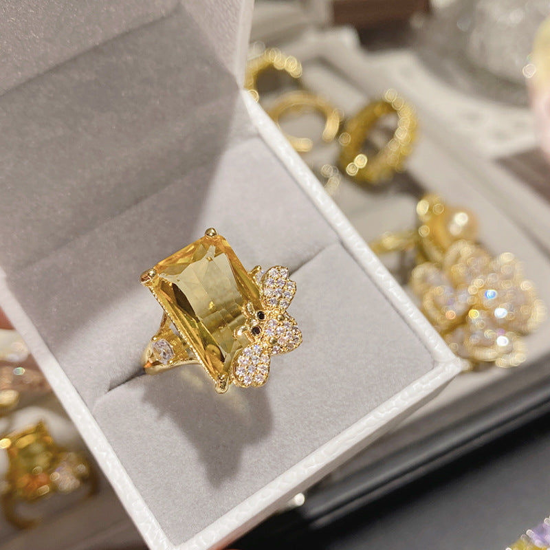 Camellia Fashion Romantic French Golden Rhinestone Gold Plated Ring