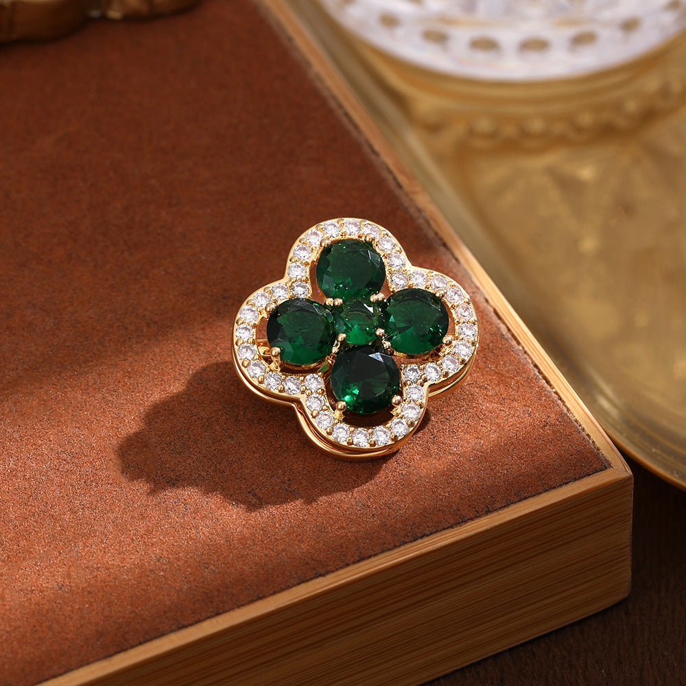 Women's Small Exquisite Green Rotating Zircon Four-leaf Earrings