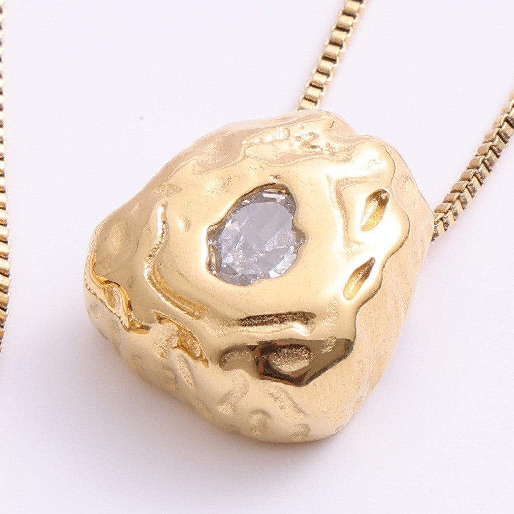 Shaped Gold Block Inlaid Zircon Titanium Steel Necklaces
