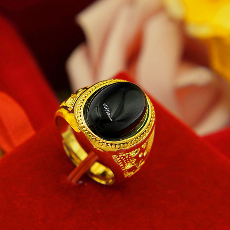 Men's Square Oval Man's Brass Gold-plated Inlaid Obsidian Ring