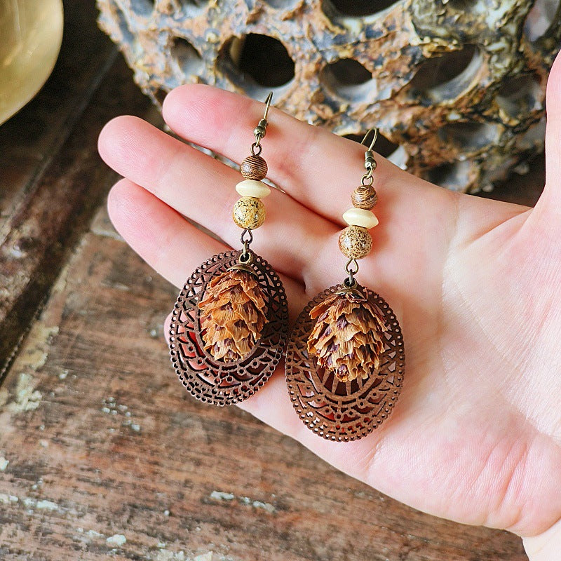 Style Retro Minority Mori Bohemian Indian Wandering Hollow Wood Grain Earrings