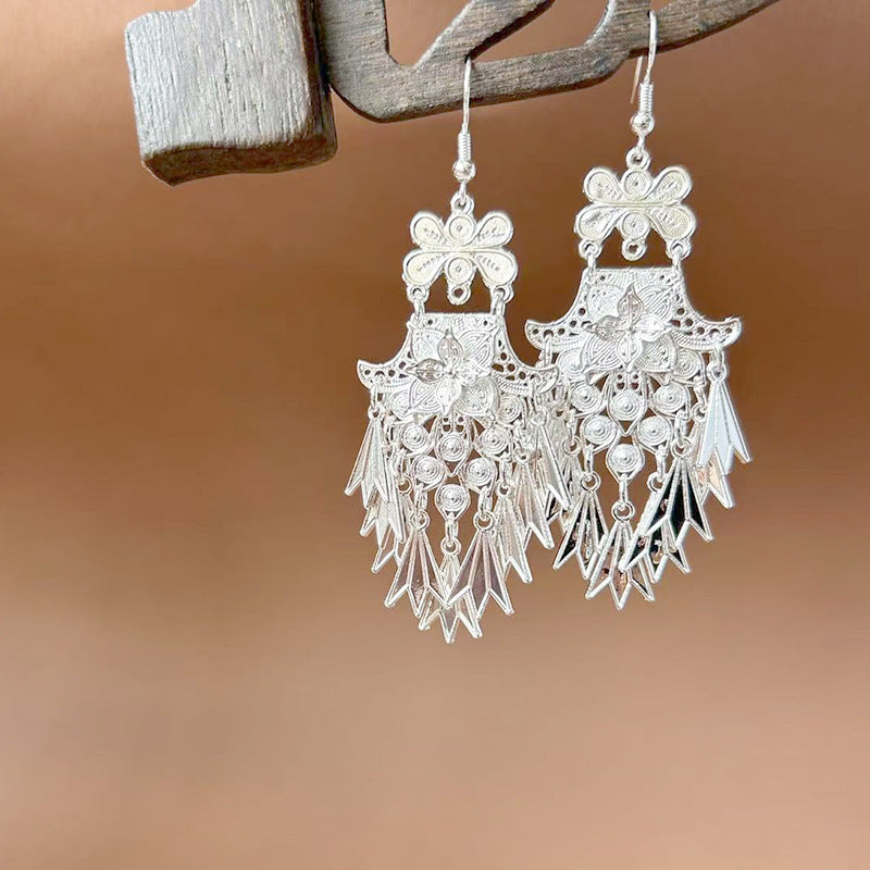 Sier Ethnic Style Peacock Retro Ear Hook Vintage Scenic Spot Earrings