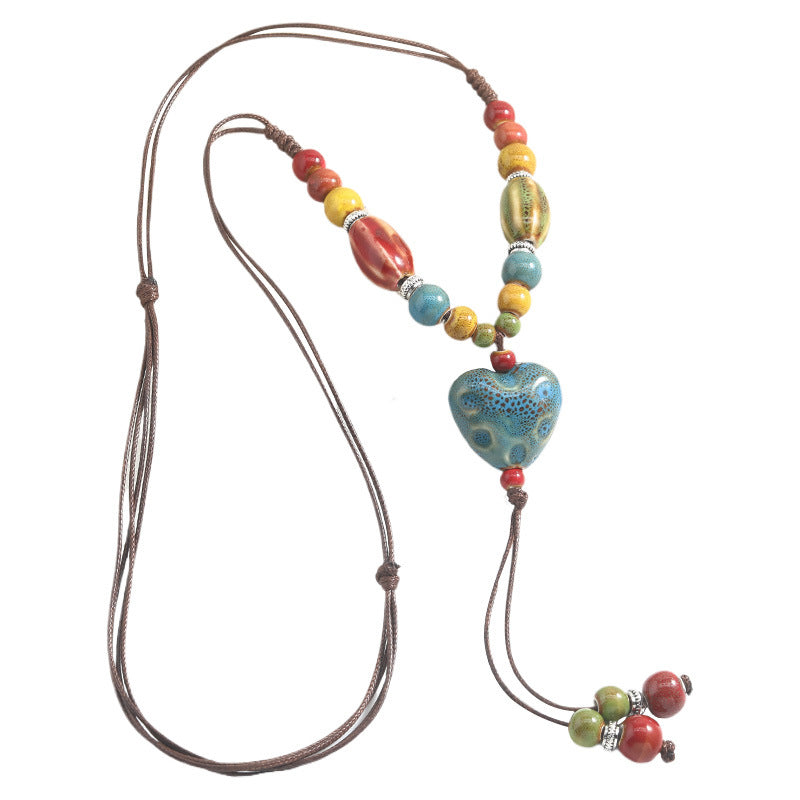 Women's Ethnic Style Love Sweater Chain Long Hand-woven Adjustable Peach Heart Necklace