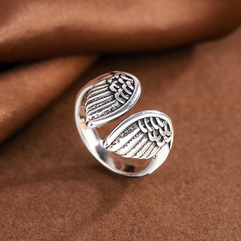 Women's & Men's Angel Wings Fashion Trend Sier Plated Retro Distressed Ring
