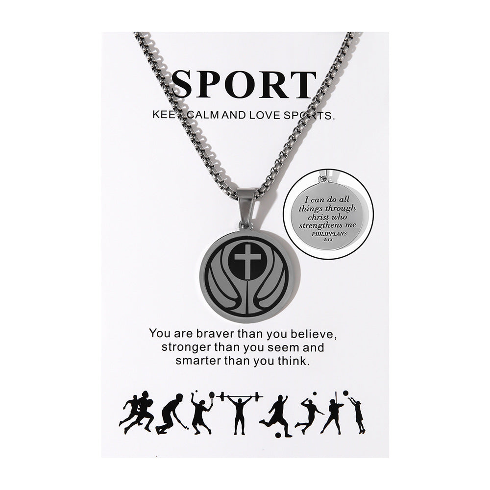 Football Stainless Steel Cross Inscription Sports Necklaces