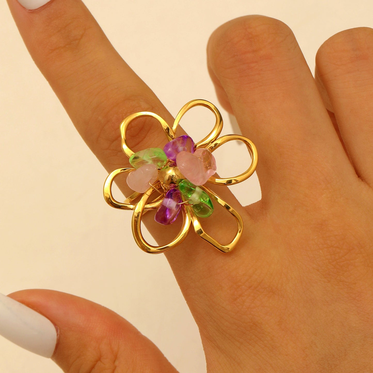 Steel Flower Leaf Female Exaggerated Personalized Hollow Ring