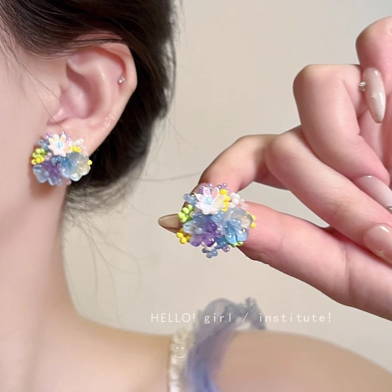 Dopamine Vacation Style Sier Needle Bead Flower Delicate Indie Earrings