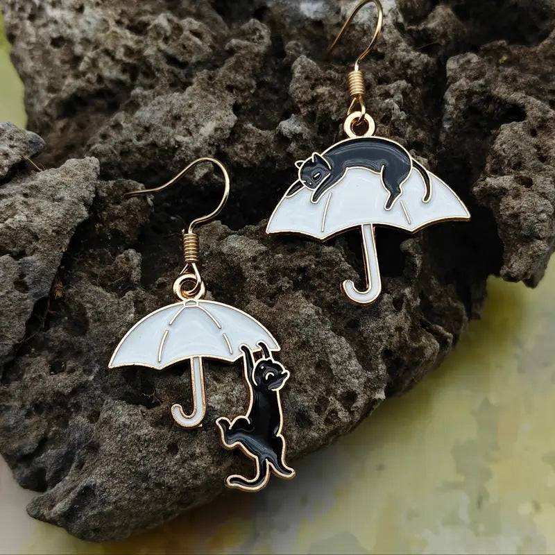 Elegant Cute Black White Cat Ear Umbrella Asymmetric Stud Earrings