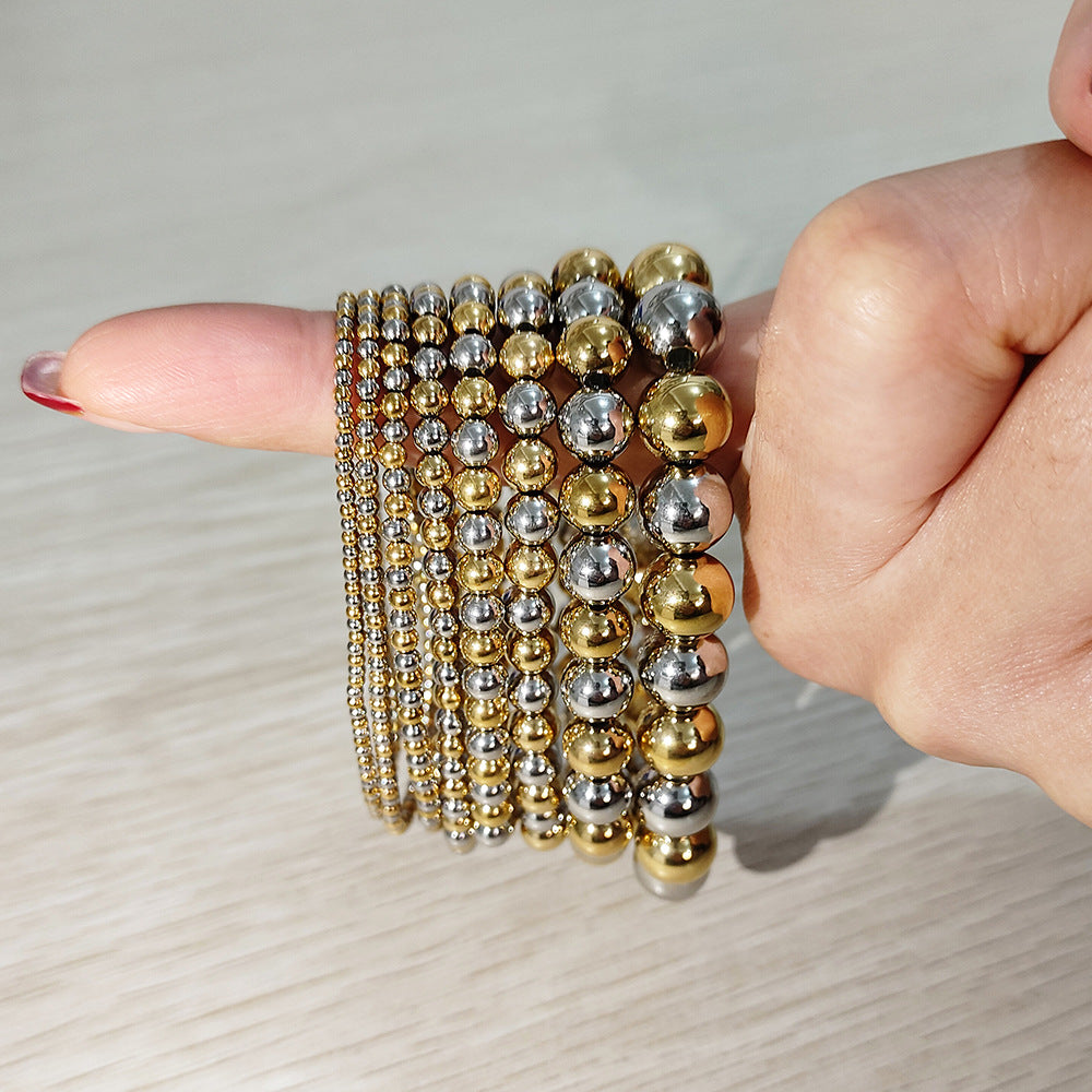 Texture Waterproof Hard-wearing Stainless Steel Mixed Color Two-color Round Beads Bracelet