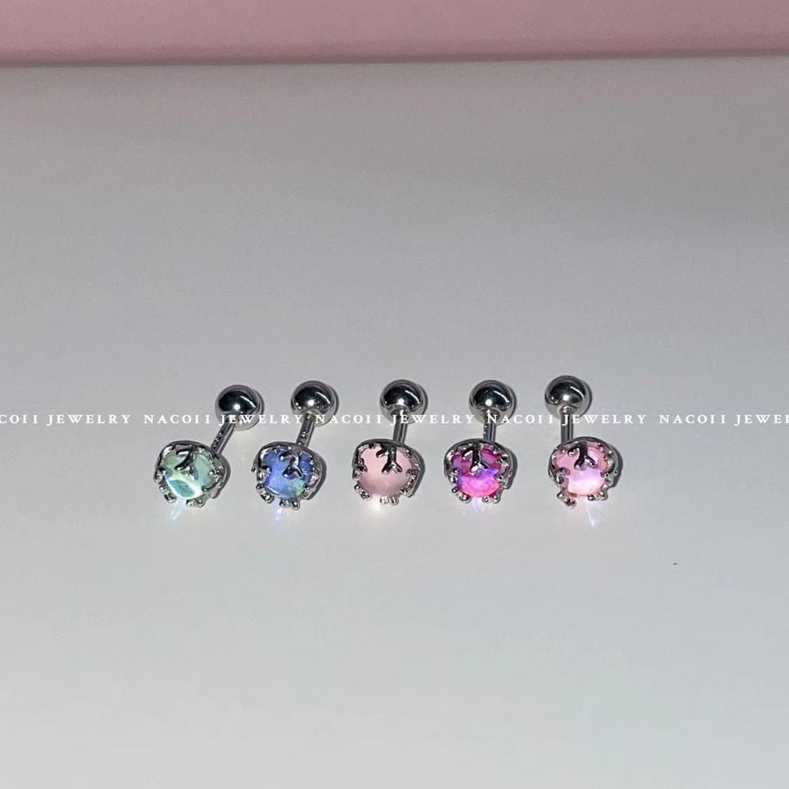 Beautiful Colorful Milk Fairy Moonstone Screw Ear Bone Stud Earrings