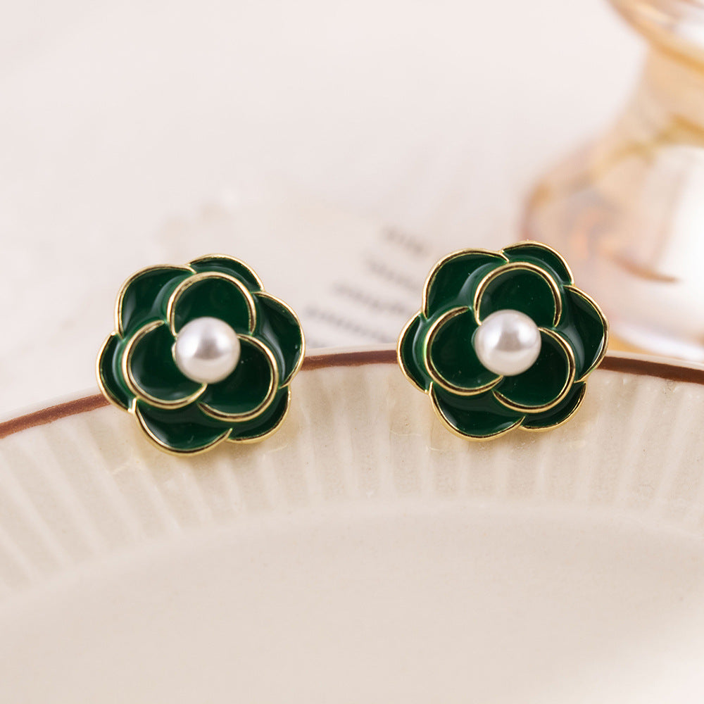 Women's Camellia Pearl Vintage Drop Oil Flower Elegant Graceful Stud Earrings