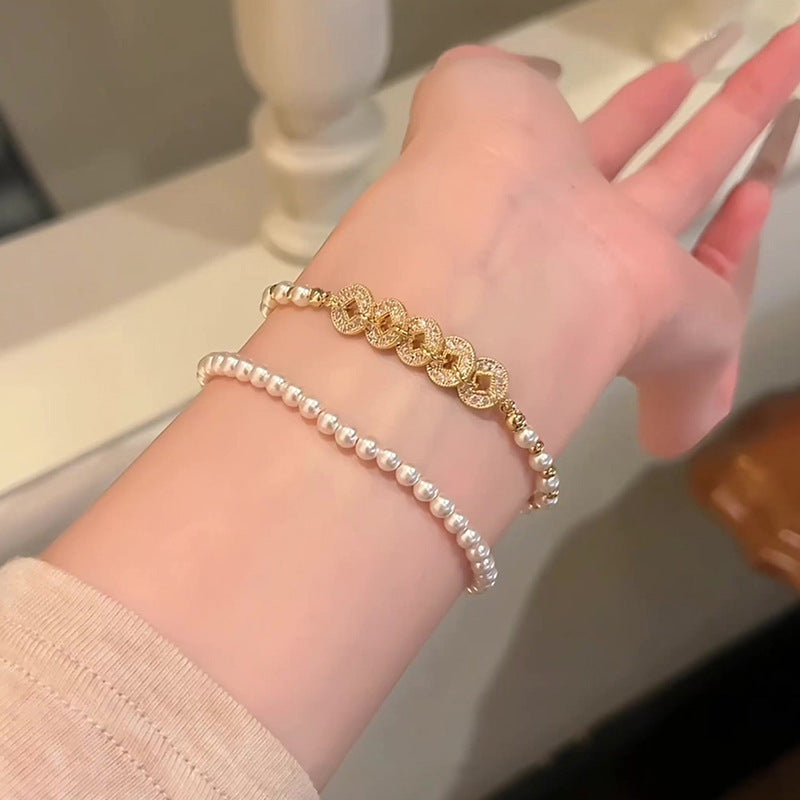 Women's Five Emperors Coin Pearl High Sense Mush Ice Niche Beaded Bracelet