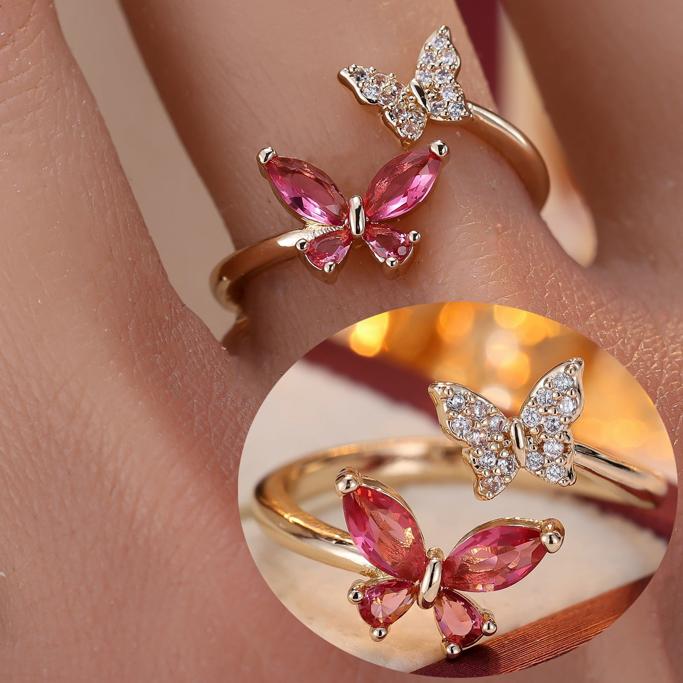 Inlaid Zirconium Double Butterfly Open Light Luxury Minority Design Fashion Rings