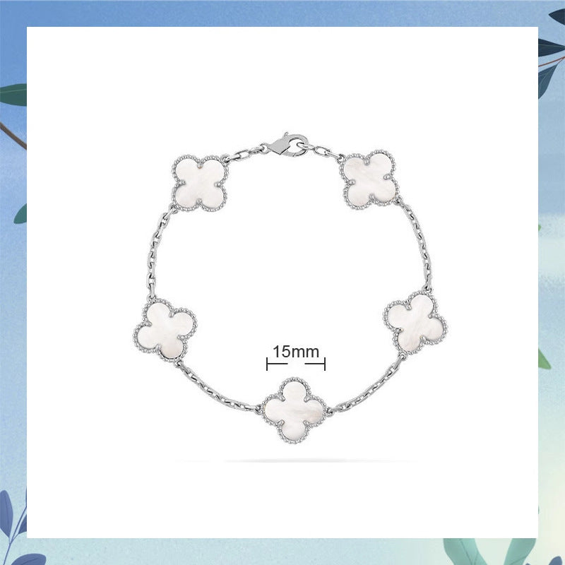 Women's Four-leaf Clover Rose Gold Red Agate Black White Shell Flower Bracelet