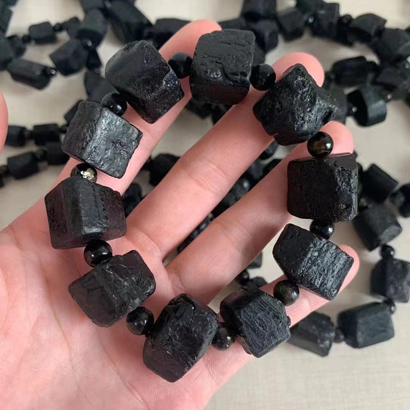 Women's & Men's Tourmaline Crystal Dazzling Black Grade Rough Stone Square Frosted Bracelets