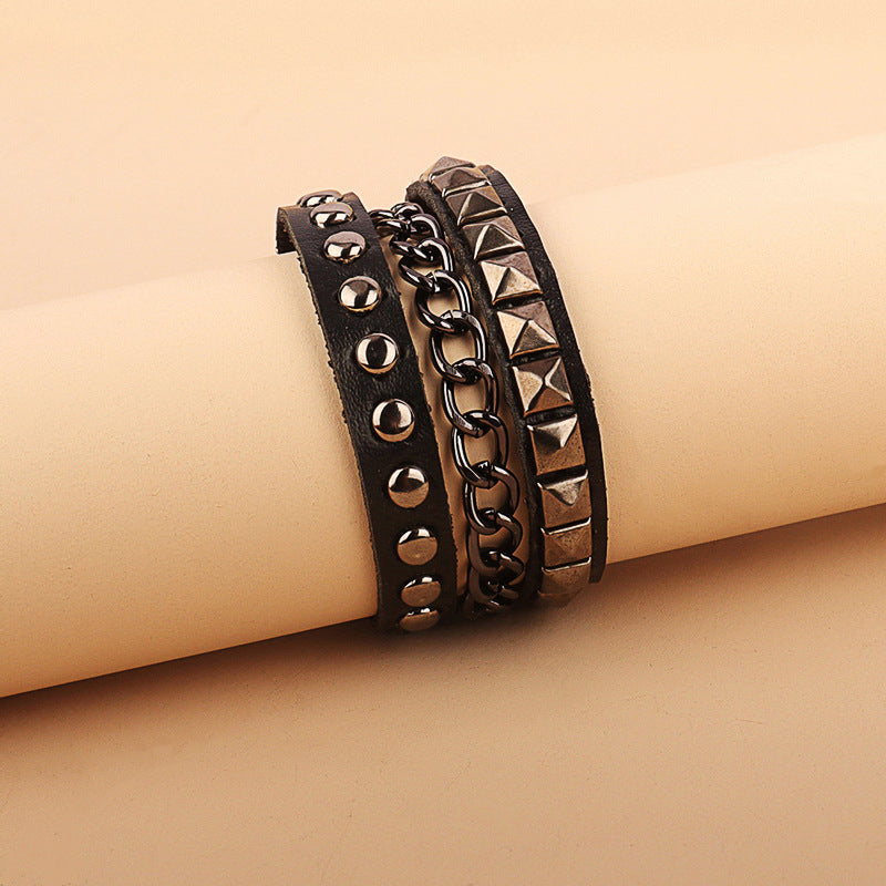 Gothic Personality Asymmetric Chain Leather Square Round Bracelets