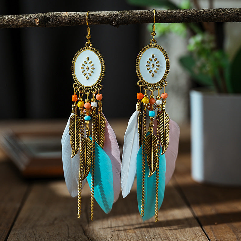 Creative Oval Long Tassel Red Feather Vintage Chain Earrings