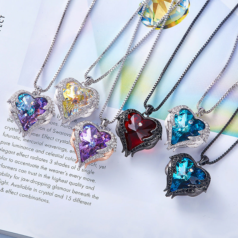 Ocean Heart Female Angel Wings Crystal Necklace