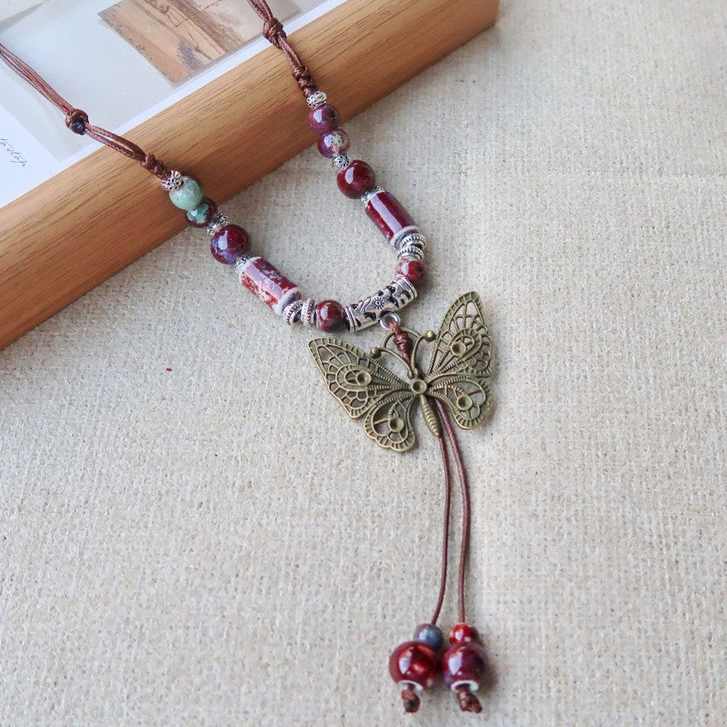 Women's Vintage Ethnic Style Ceramic Long Sweater Necklace